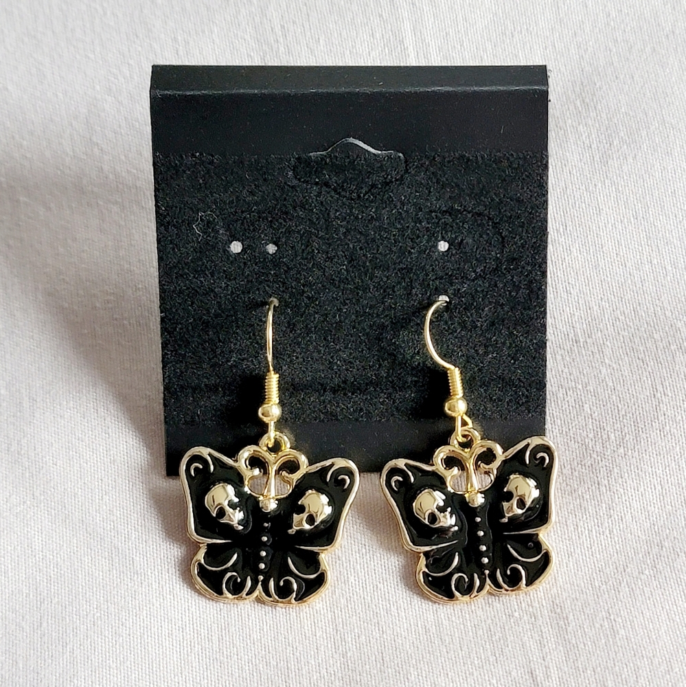 18K Gold Plated Butterfly with Skulls Dangle Earrings